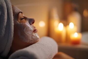 Woman relaxing with facial mask and candles in bathroom during evening time