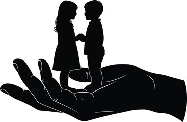 Children silhouette in protective hand, caring support illustration, kid safety concept, family protection graphic, nurturing symbolism artwork