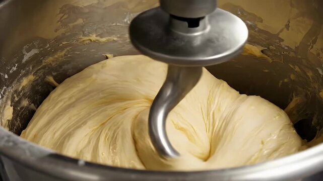 Dough being mixed in a stand mixer for baking