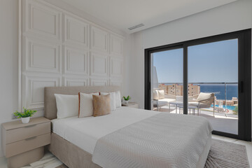 Fototapeta premium Modern Bedroom Interior with Sea View, Balcony, and Decorative Wall Paneling
