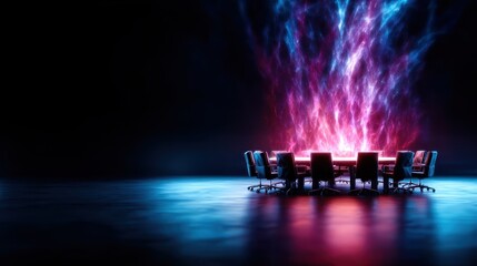 A striking visual of a circular table surrounded by office chairs with colorful abstract light streaming upward, symbolizing creativity and collaboration in modern workspaces.