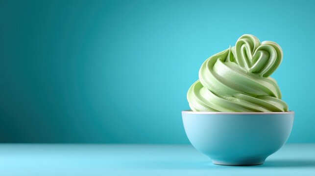 This delightful soft serve ice cream features a mint green hue with a playful heart design, served in a charming blue bowl, perfect for a refreshing treat.