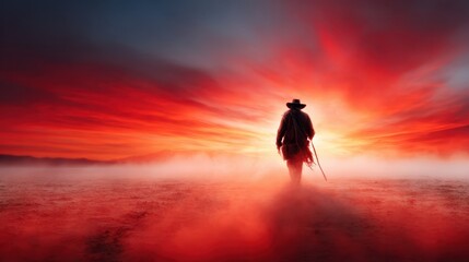 A silhouette of a lone figure walking through a misty desert at sunset, illustrating themes of solitude and adventure against a breathtaking sky.