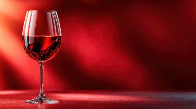 An elegant glass of red wine stands alone against a fiery, blurred red background, evoking a sense of warmth and sophistication perfect for romantic or celebratory occasions. - Powered by Adobe