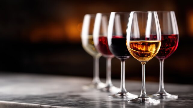 A collection of elegant wine glasses filled with different types of wine, showcasing vibrant colors and textures, perfect for wine events and gourmet experiences.