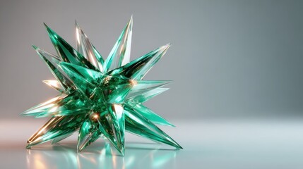 This artistic image features a shimmering green star-shaped glass sculpture, representing creativity and innovation, capturing light beautifully for a stunning decorative effect.