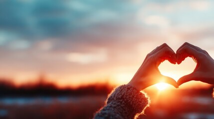 Silhouette of hands forming a heart shape against a breathtaking sunset, symbolizing love, warmth, and connection as the golden sun dips below the horizon.