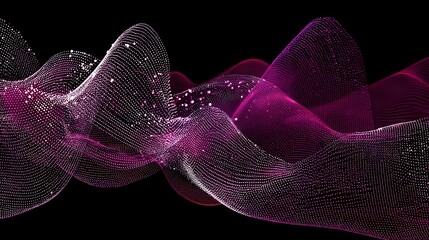 Abstract Waves of Glowing Dots in Pink and White on Black Background Geometric Digital Illustration and Dark Backdrop