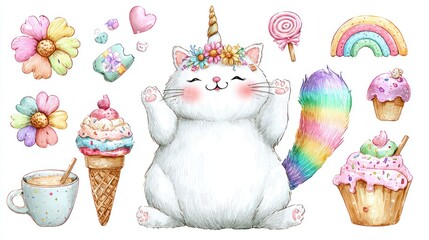 Whimsical unicorn cat with sweets and rainbows illustration