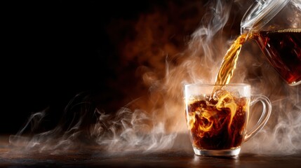 The image captures a mesmerizing moment of coffee being poured into a glass cup, with steam swirling around and rich colors blending to evoke warmth and comfort.