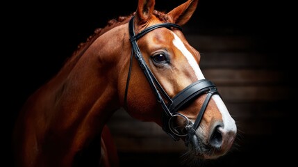 A striking close-up portrait of a brown horse, elegantly adorned with a bridle, showcasing its character and beauty amidst a softly blurred background.