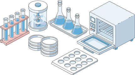 Isometric laboratory equipment illustration showing test tubes flasks petri dishes lab oven and scientific research tools on white background
