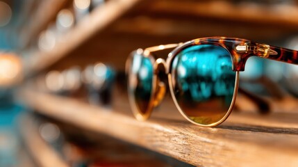 A pair of stylish sunglasses rests elegantly on a wooden shelf, featuring a tortoiseshell frame and captivating blue lenses, creating an inviting atmosphere for eyewear enthusiasts.