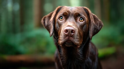 A beautiful brown dog gazes thoughtfully into the camera amidst a tranquil forest setting, showcasing its soulful eyes and connection to nature and mood.