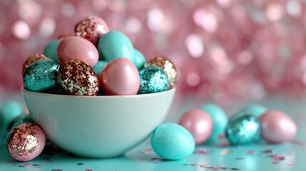Obraz premium A bowl filled with beautifully decorated Easter eggs sparkles invitingly, celebrating color and craft in the spirit of festive joy and playful creativity during the holiday season.