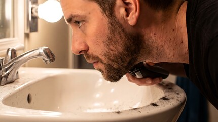 Man shaving beard with electric razor over bathroom sink with cut hair