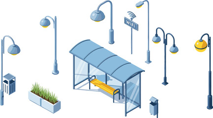 Isometric smart city bus stop illustration with street lights WiFi sign bench shelter and urban public transport elements on white background © VectoBloom