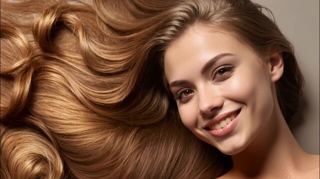 Video of a young woman lying down with her long blond hair spread flowing waves and turning to camera with light smile.Slow motion AI Generative.