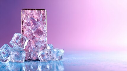 A visually striking smartphone encased in ice cubes, capturing the juxtaposition of technology and the refreshing essence of coolness, highlighted by the vivid background colors.