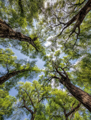 Looking up at tall leafy trees with bright green foliage reaching toward the blue sky in a peaceful natural forest setting on a sunny day