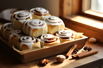 Delicious cinnamon rolls with white icing on a wooden tray by the window