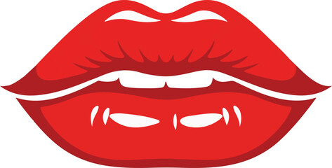 Red lips with white teeth and sharp fangs on white background cartoon mouth