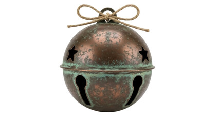 Isolated rustic bronze jingle bell with rope bow, vintage Christmas ornament for the holidays