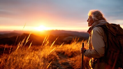 An elderly person with gray hair stands atop a mountain at sunset, capturing the beauty of nature while reflecting on life's journey amidst warm golden hues and tall grass.