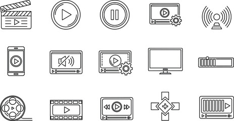 Media player and video streaming line icons set featuring play, pause, broadcast, controls and playback interface symbols