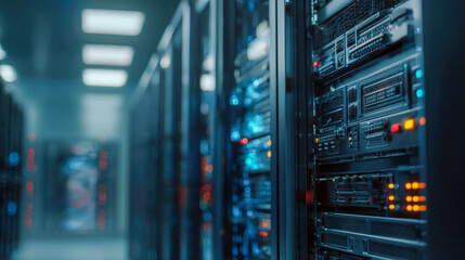 Modern data center with rows of illuminated server racks showcasing advanced network hardware and technology for cloud computing and data storage solutions