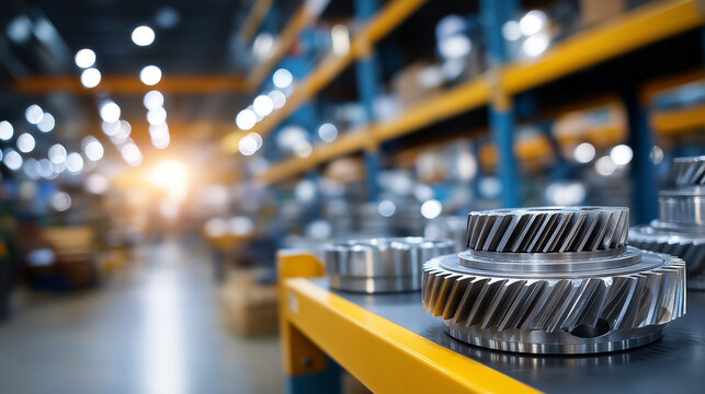 Warehouse interior filled with mechanical assemblies and gear housings on structured shelving units, manufacturing readiness atmosphere, defocused storage, with copy space