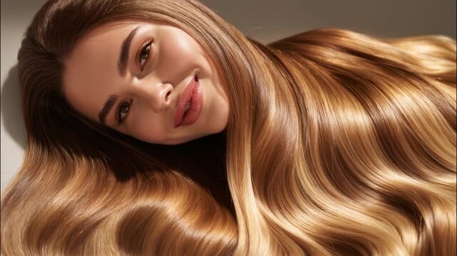Video of a young woman lying down with her long blond hair spread flowing waves and turning to camera with light smile.Slow motion AI Generative.