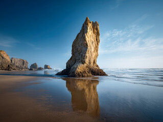 Towering sea stack reflecting on wet sandy beach under bright blue sky with distant rocky formations along serene coastline at low tide