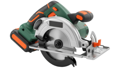 Isolated cordless circular saw with safety guard, green and orange accents, cutting tool