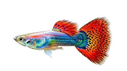 Isolated guppy fish, pet freshwater animal with colorful scales and fins, fancy tail male