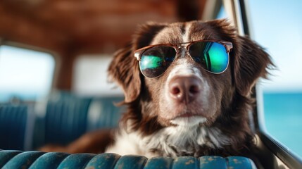 A stylish dog wearing sunglasses sits in a vintage car, embodying a carefree spirit and a love for adventure in a bright, sunny beach setting.