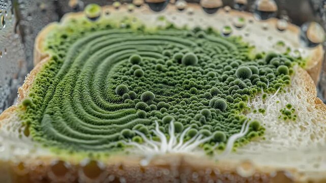 Green mold culture growing on a slice of bread
