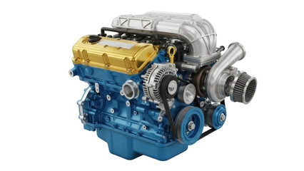 Isolated turbocharged car engine on a background, auto spare parts, car components