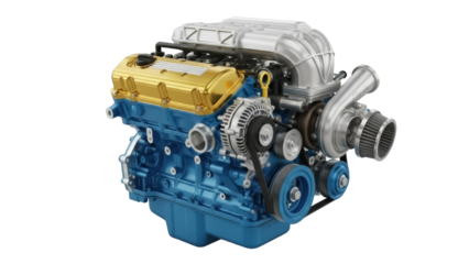 Isolated turbocharged car engine on a background, auto spare parts, car components