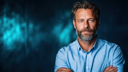 A mature man with a well-groomed beard gazes thoughtfully into the camera, capturing a moment of sincerity and strength against a dark, textured backdrop.