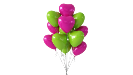 Isolated bunch of shiny pink and green heart-shaped balloons, celebration, fun and happiness