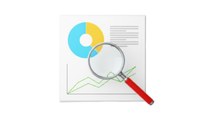 Isolated illustration of paper with a magnifying glass over a rising stock market chart
