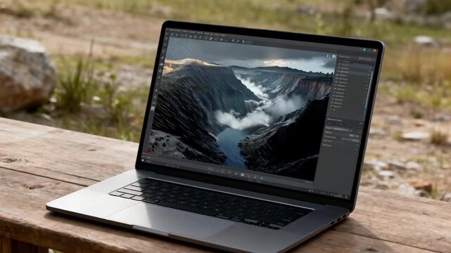Medium shot of simulation software running on a laptop visualizing 3D erosion processes with animated sediment movement over rugged landscape models under varying weather