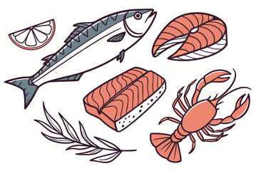 Fresh Fish Cooking Ingredients  Clean Vector  Isol (6) Vector Illustration