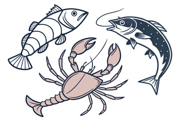 Seafood Flat Lay Composition  Minimal Vector  Isol (7) Vector Illustration