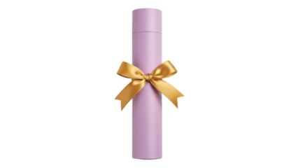 Isolated purple gift certificate container, gold bow tied around it, ready to present gift