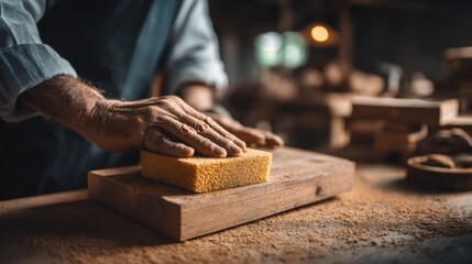 Closeup of hands sanding reclaimed wood planks to restore texture and prepare for a smooth finish in a workshop setting