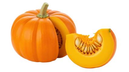 Isolated pumpkin and pumpkin slice, perfect for autumn harvest and Thanksgiving season