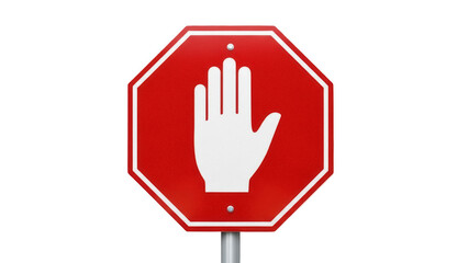 Isolated red octagon sign with white hand symbol, indicating stop, restriction of access or prohibition