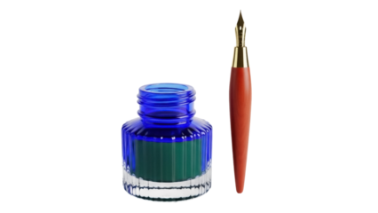 Isolated inkwell with blue ink and vintage fountain pen for calligraphy and handwriting art
